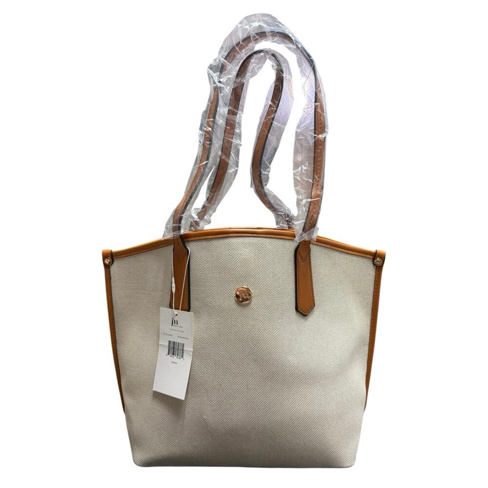 NEW Jessica Moore Womens Faux Leather Trim Canvas Top Handle Tote Handbag Beige